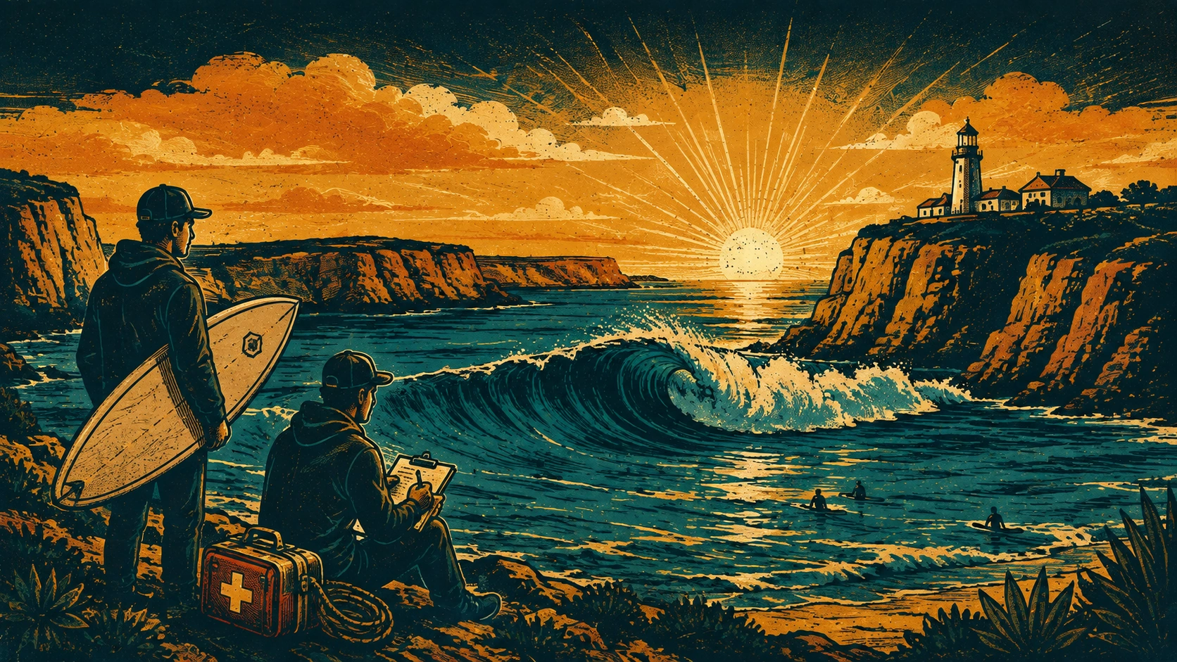Vintage Algarve ocean scene at sunset