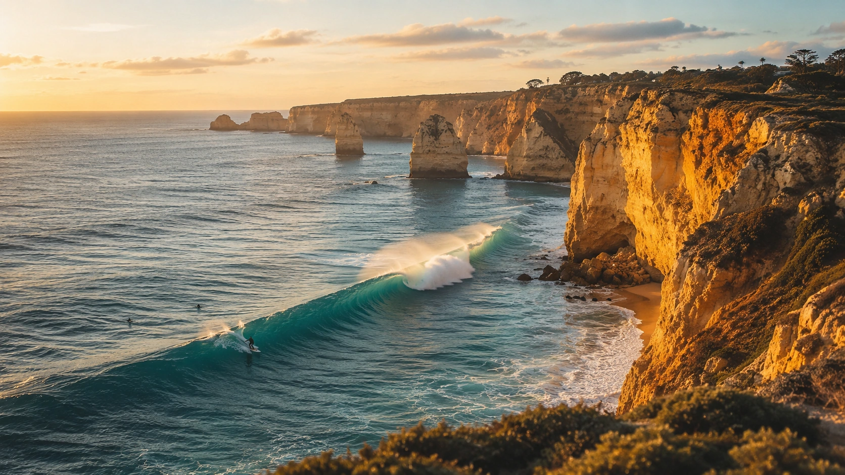 Surfer riding an Atlantic wave below golden Algarve cliffs