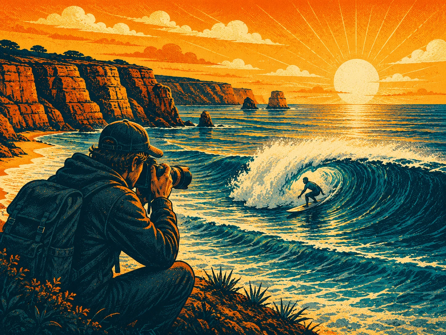 Vintage-style surf photographer shooting a surfer on the Algarve coast